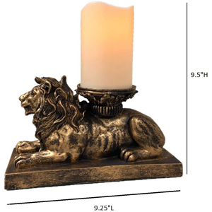 The Nifty Nook Lion Figurine Candle Holder Antique Gold Flameless LED Pillar Candle Timer Home Decor