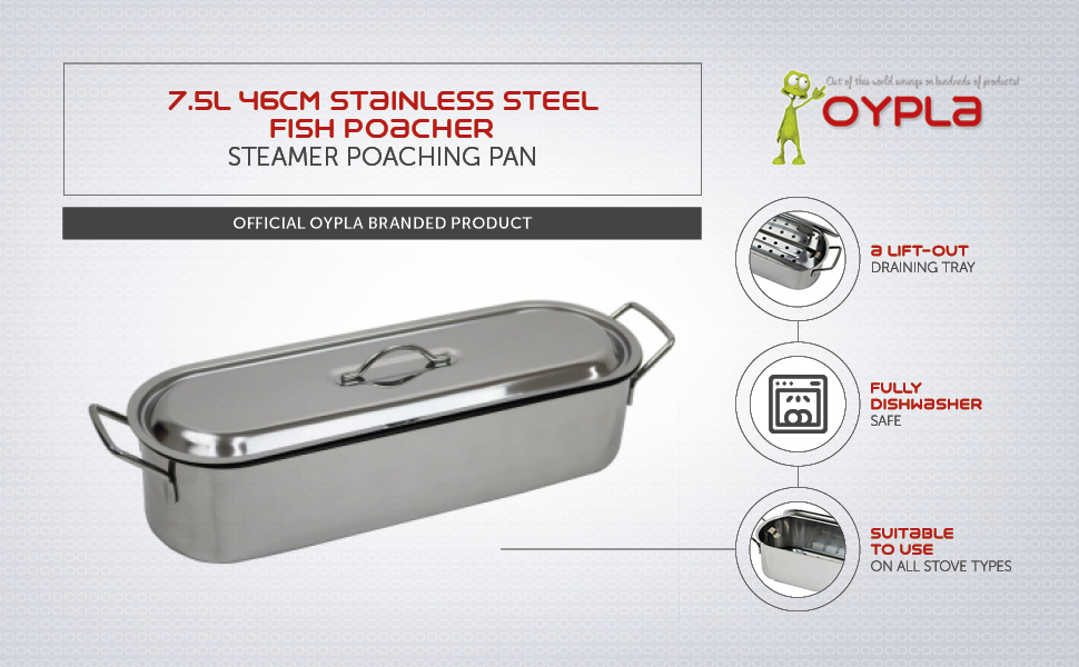 Oypla 7.5L 46cm Stainless Steel Fish Poacher Steamer Poaching Pan