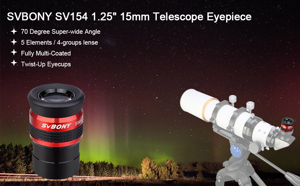 SVBONY SV154 Telescope Eyepiece 1.25 inch SWA 70 Degree 15mm Super Wide