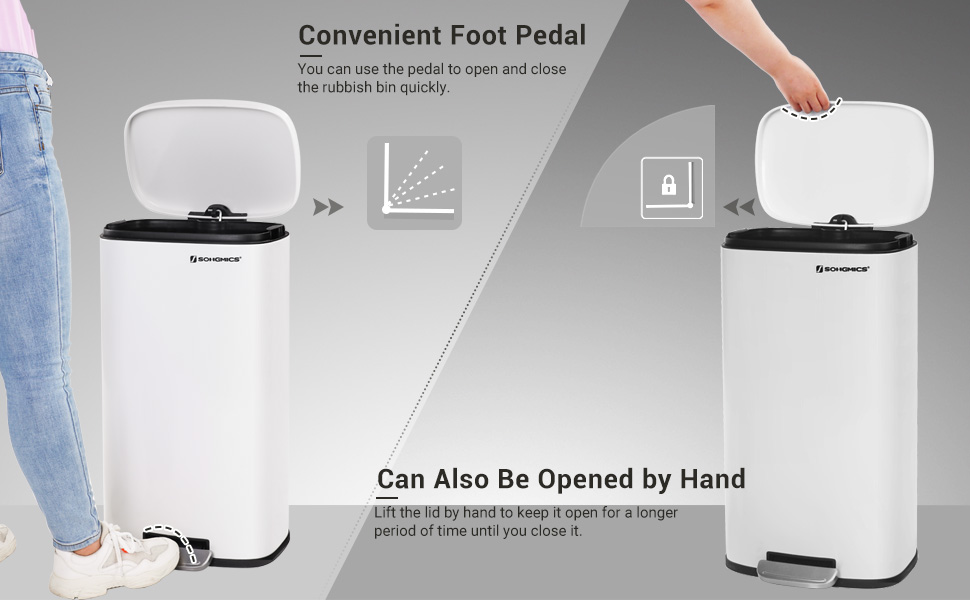 Songmics Kitchen Rubbish Bin, Pedal Trash Can 30L, With Plastic Inner Bucket, Hinged Lid, Soft Closure, Odour Proof And Hygienic, White LTB03WT 11 LTB03WT/