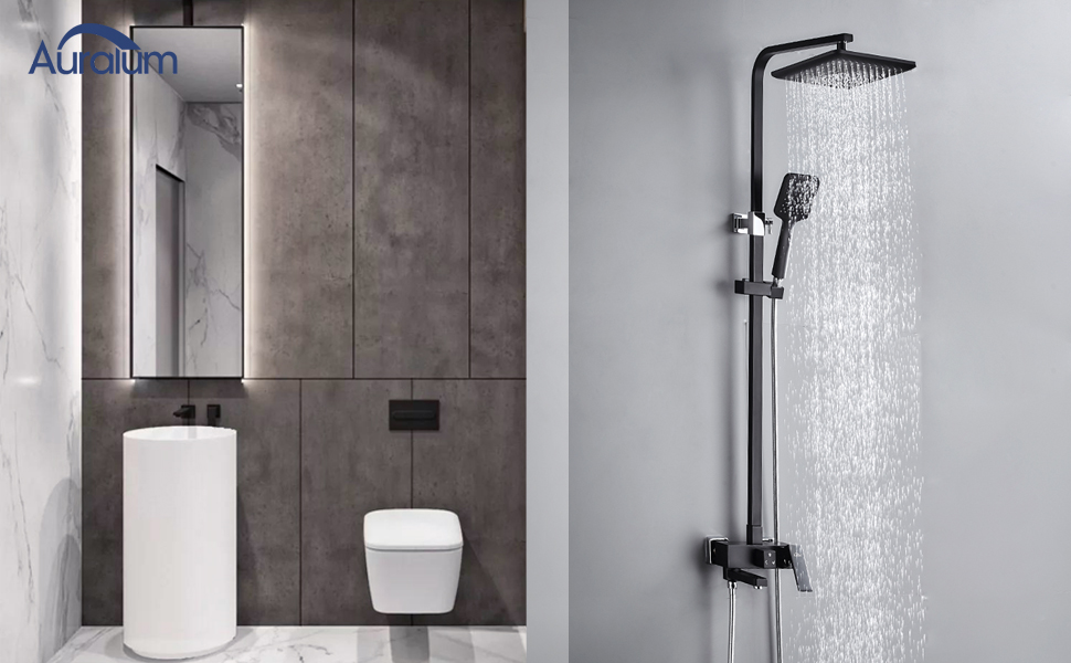 AuraLum Set de Ducha con Grifo, Columna Ducha Altura Ajustable 85-120cm con 3 Funciones Ducha de Mano y XXL Ducha de Lluvia, Square Negro Sistema de ...