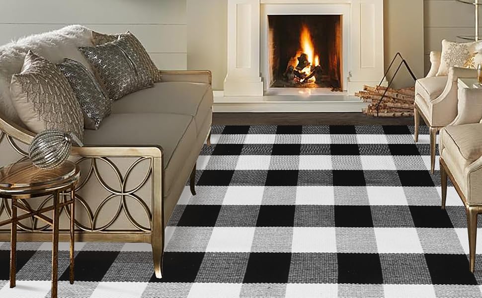 LEEVAN Cotton Buffalo Plaid Outdoor Rug 2x4 ft Black and White Runner