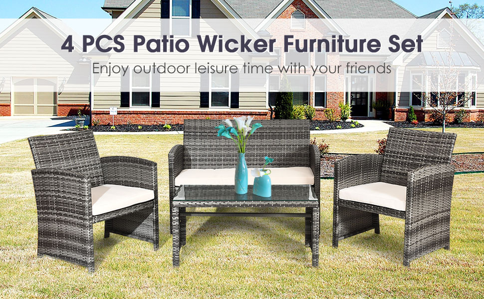 Tangkula 4 PCS Wicker Patio Conversation Set, Outdoor