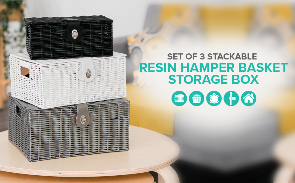 LIVIVO Set of 3 Resin Woven Wicker Hamper Basket Storage Box with Lid