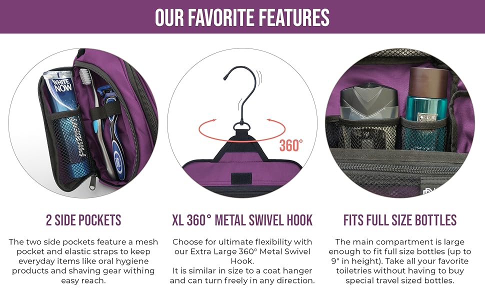 Features: side pockets, metal swivel hook, fits full size bottles, wash bag, bathroom bag, ebook
