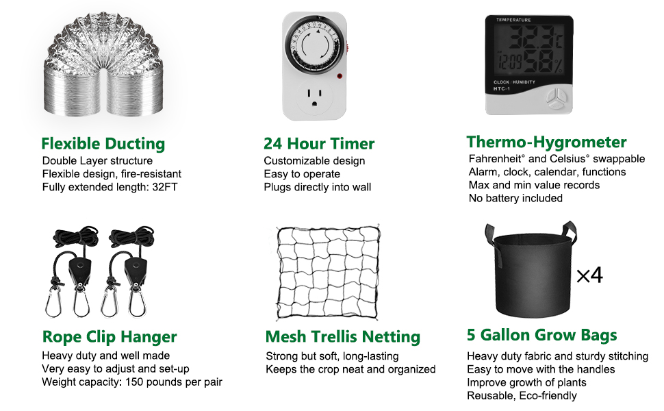 ducting, fan speed controller, thermometer and hygrometer,Timer, 5 Gallon Grow Bags,  netting