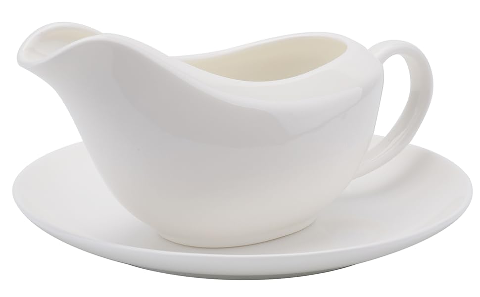 Yesland Gravy Sauce Boat with Saucer Stand 13.5 Oz Fine White Ceramic Gravy Boat