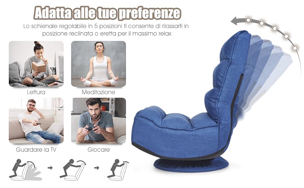 COSTWAY Poltrona Sedia Relax Pieghevole Reclinabile Girevole, Divano Comodo Per Studio Salotto, Con Schienale, Ottima Per Rilassarti, Blu 12 q