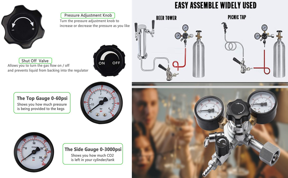 CO2 Regulator, Keg Regulator, Dual Kegerator Gauge CO2 Regulator with