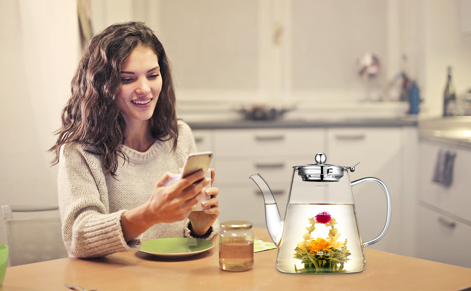 zpose Teapot Glass, 1200 ml Teapot with Strainer Attachment, Heat