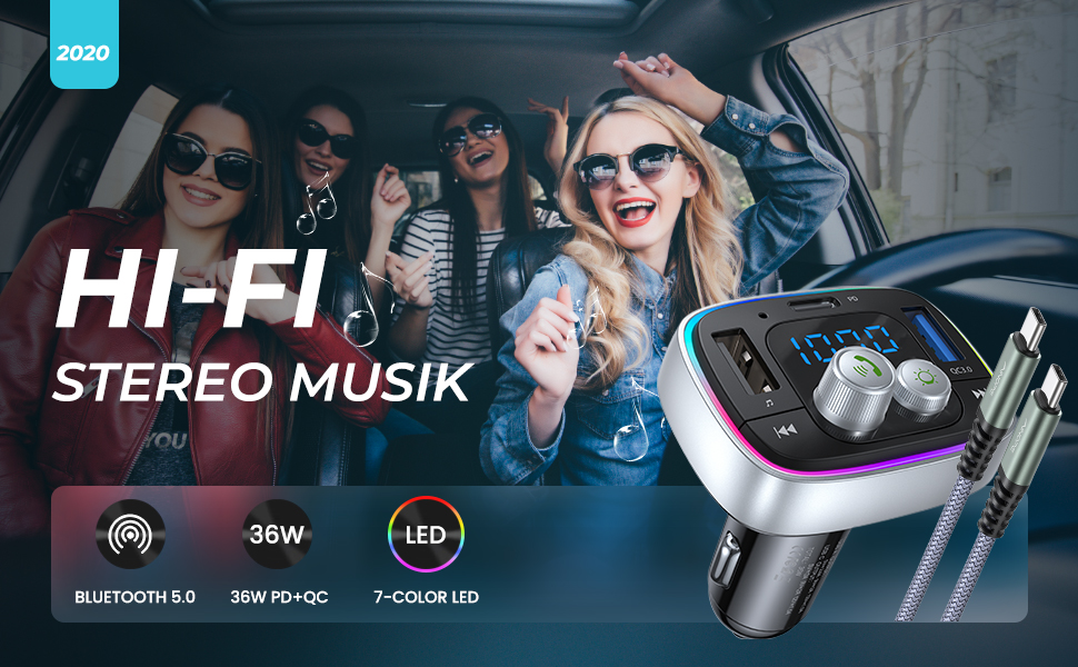 AINOPE FM Bluetooth Adapter Auto, Bluetooth Transmitter Auto PD3.0 & QC3.0 36W/6A BT5.0, Kfz