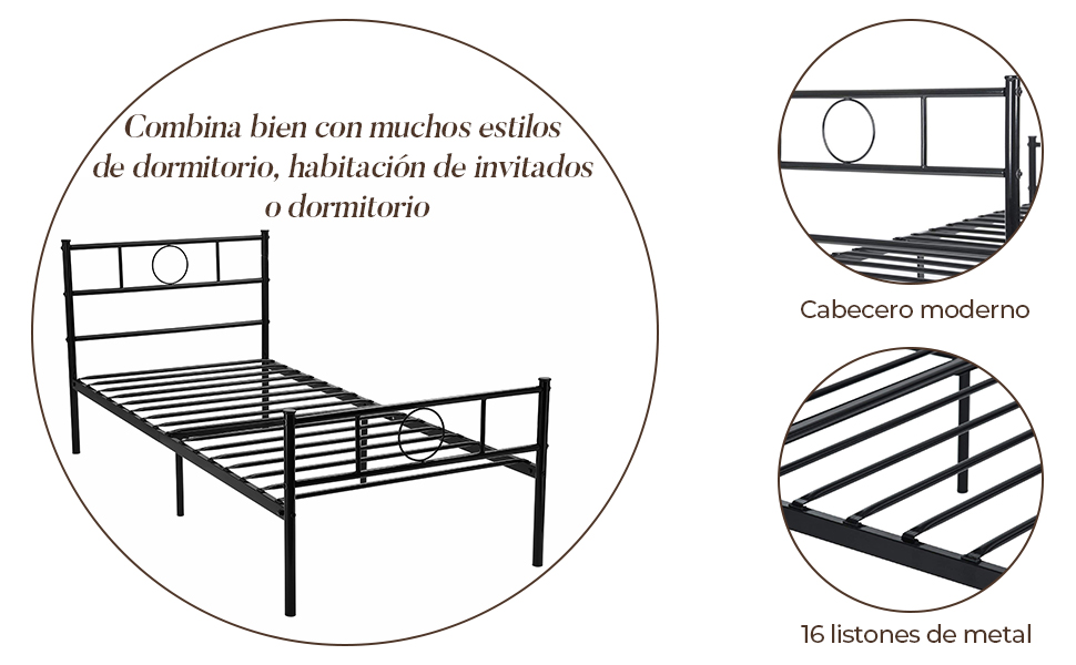 Aingoo Cama de Metal con somier Negro (90_x_190_cm)