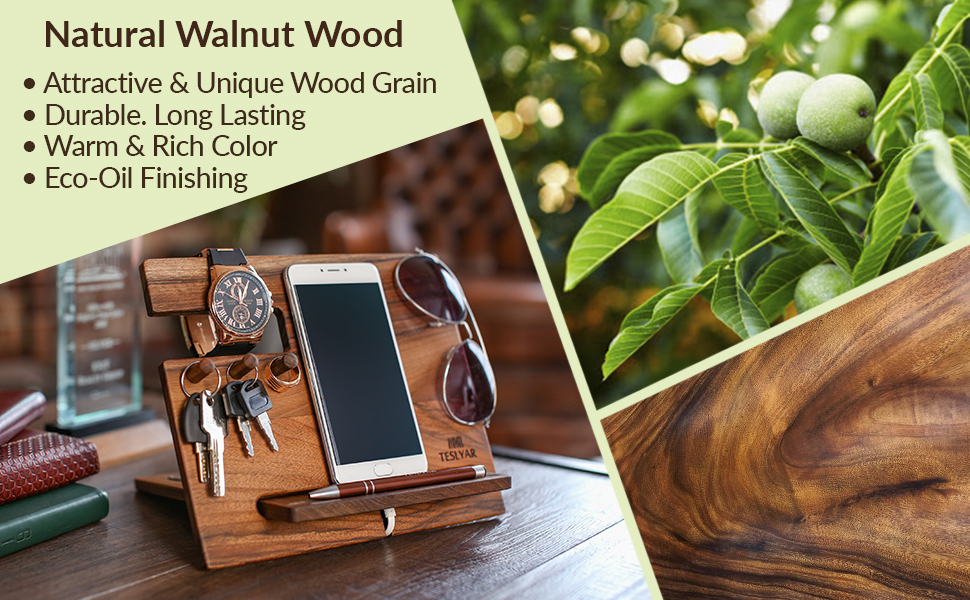 DELA DISCOUNT 3c379d0e-007e-4dee-8f1f-5b129e4b28e8.__CR0,0,970,600_PT0_SX970_V1___ TESLYAR Natural Walnut Wood Phone Docking Station Hooks Key Holder Wallet Stand Watch Organizer Men Husband Anniversary Birthday Nightstand Purse Father Graduation Male Idea Gadgets Solid  