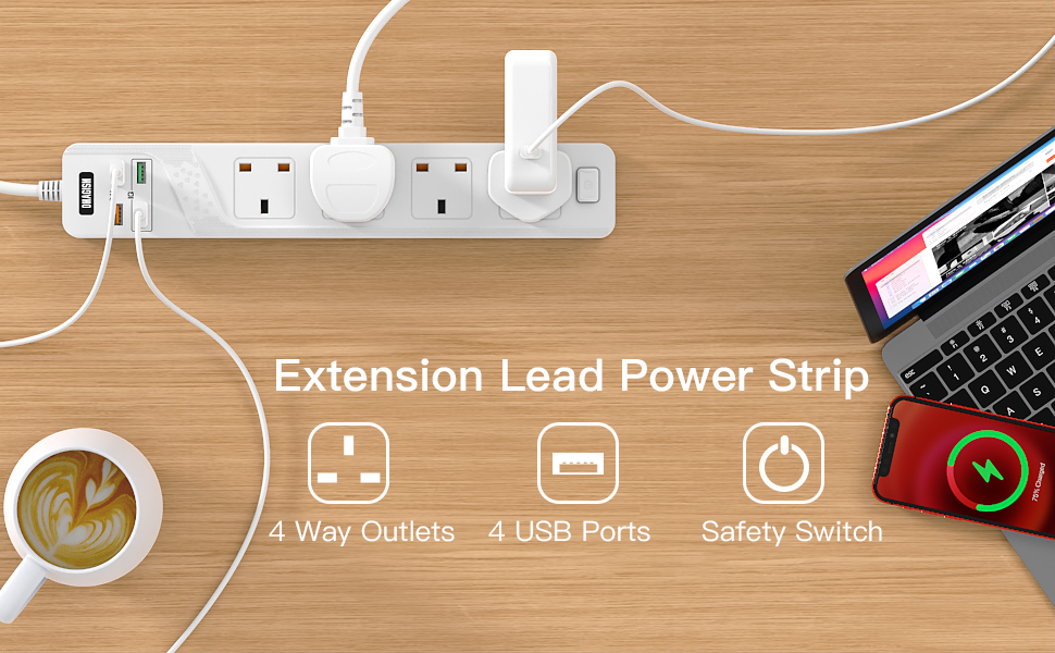 Extension Lead with USB Slots, Power Strips with 4 Way Outlets 4 USB