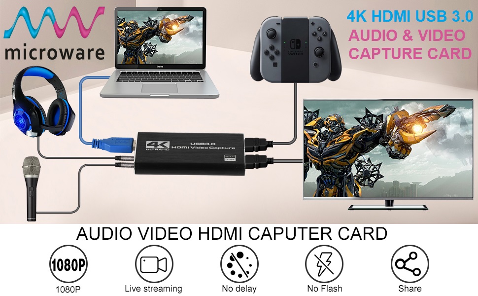 Microware Game Capture Card, 4K USB 3.0 HDMI Video Capture Card with