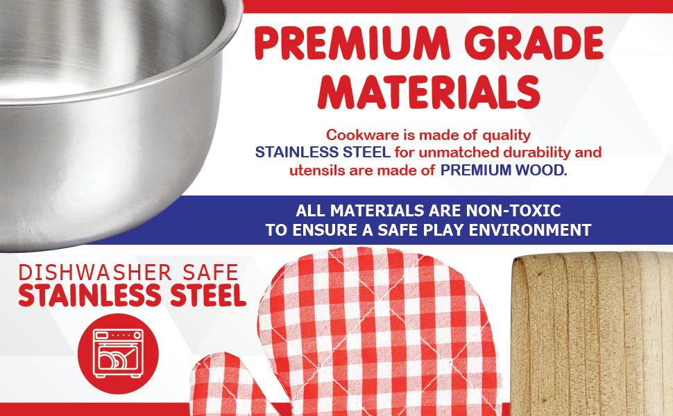 Toy Kitchen Play Set, 10 Piece Bundle Stainless Steel Pots, Pans and Skillets, Wooden Spoons