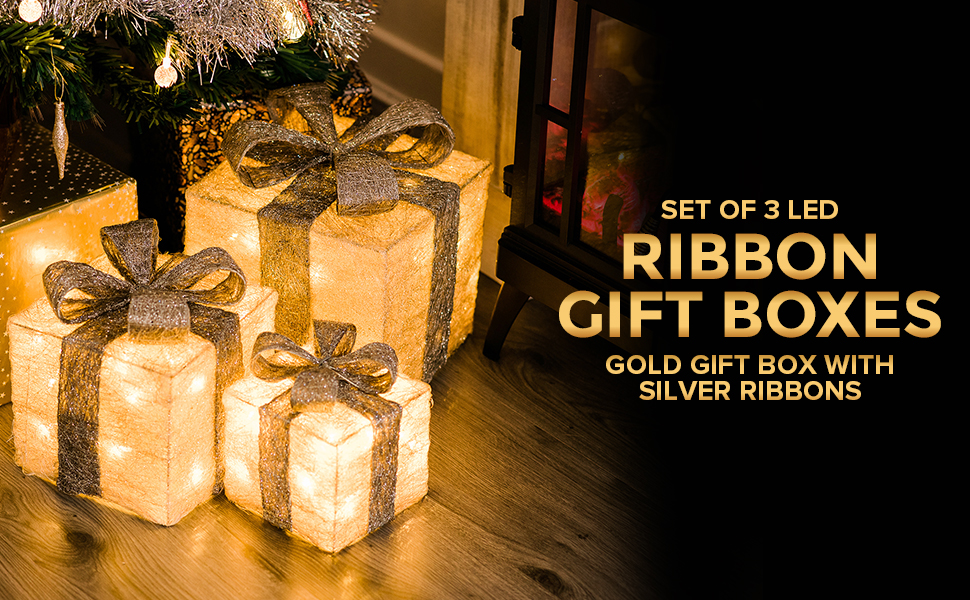 LIVIVO Christmas Gift Boxes Set of 3 Light Up LED Christmas Decoration