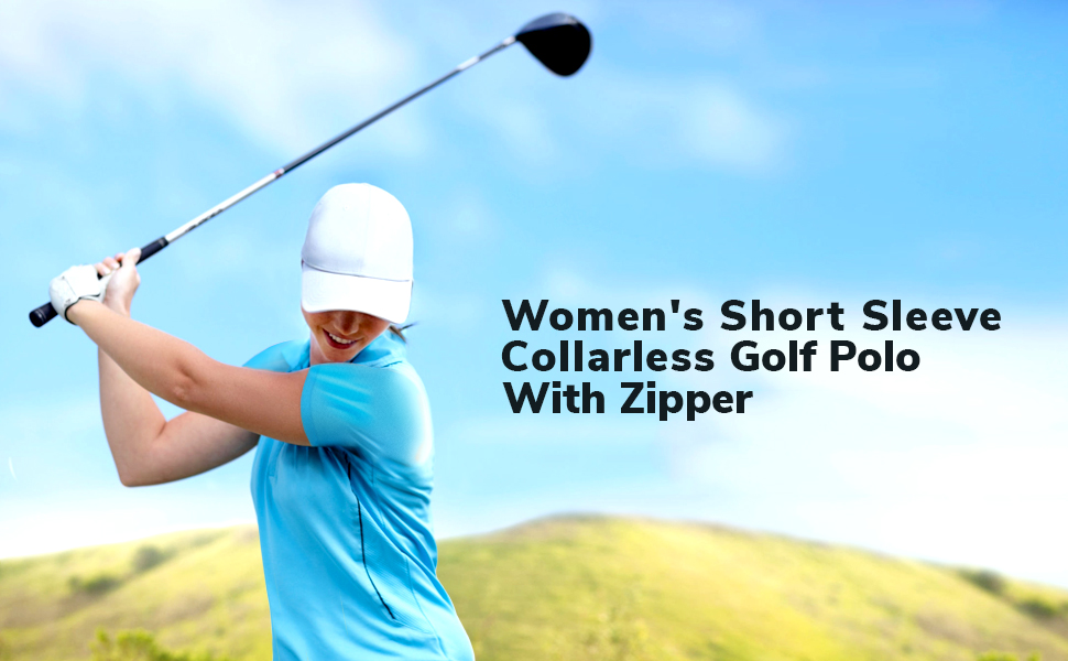 Short sleeve collarless golf polo with zipper.