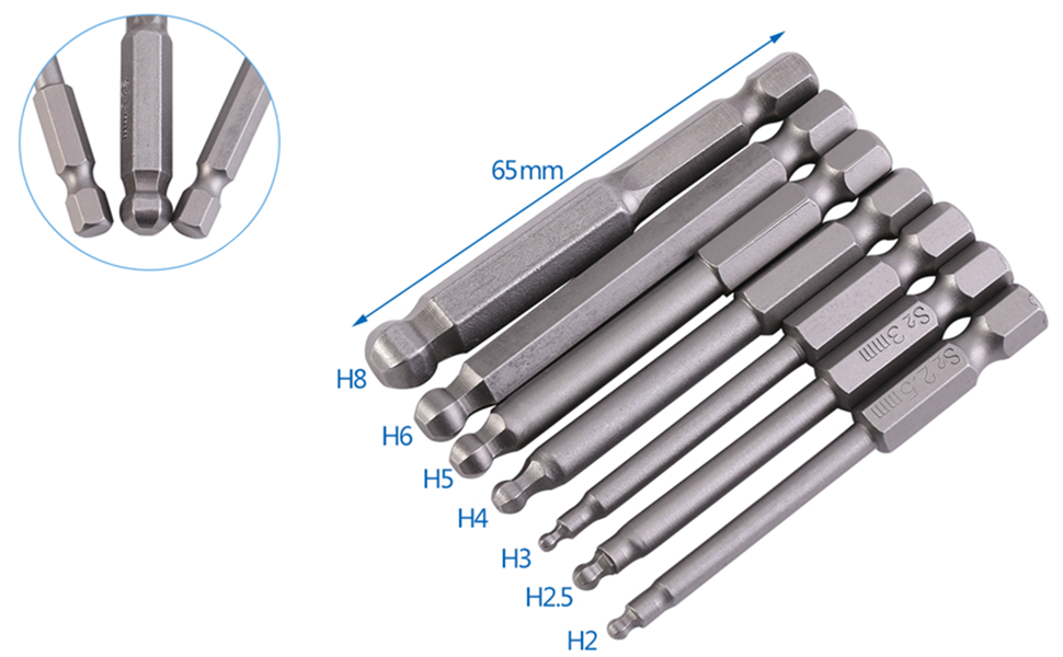 7Pcs 1/4 Inch Hex Shank 2/2.5/3/4/5/6/8mm Ball Head Screwdriver Bit Set