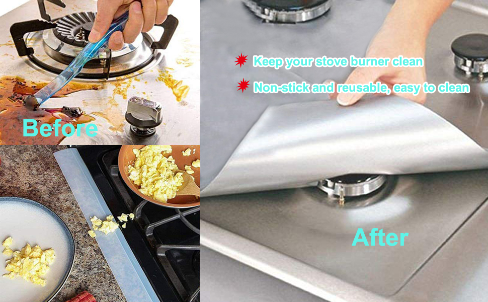 MSDADA 8 Pcs Gas Stove Burner Covers（Silver） + 2 Pcs Kitchen Silicone