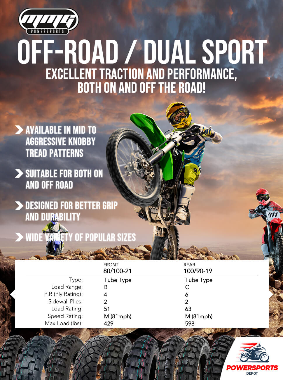 MMG Tire Set Off Road Knobby Front Tires Size 80/10021