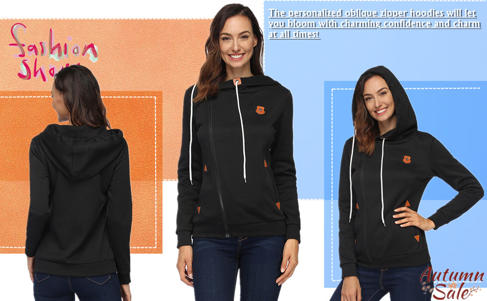 Womens Oblique Zipper Hoodies Sweatshirts ladies hooded jacket warm fleece sweaters Sportwear zipper