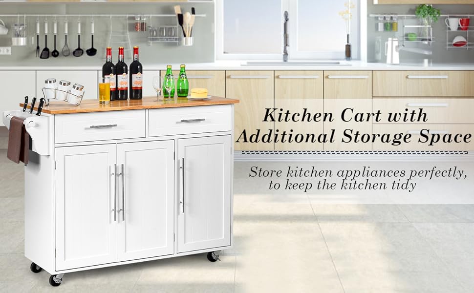 COSTWAY Kitchen Island Cart, Large Storage Trolley With 2 Drawers, 2 Cabinets, Knife Rack, 4 Lockable Wheels & Rubber Wooden Tabletop, Mobile Serving Utility Cart, 122 X 46 X 92cm (White) 11 2