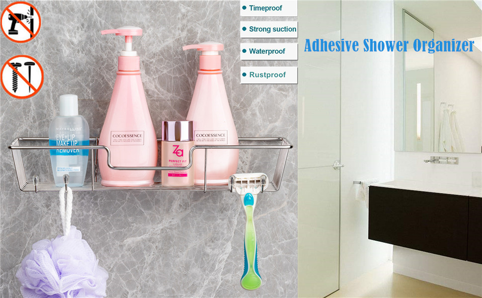 No Drilling Adhesive Shower Corner Caddy Basket - Stainless Steel Bathroom Kitchen Storage Shelf
