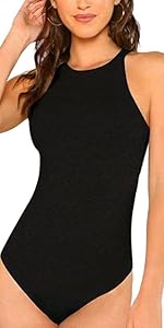 Milumia Women Skinny Halter Bodysuit Mid Waist Solid Fitted Tank Shapewear Romper Top