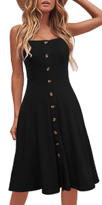 Women's Casual Beach Summer Dresses Solid Cotton A-Line Spaghetti Strap Button Down Midi Sundress