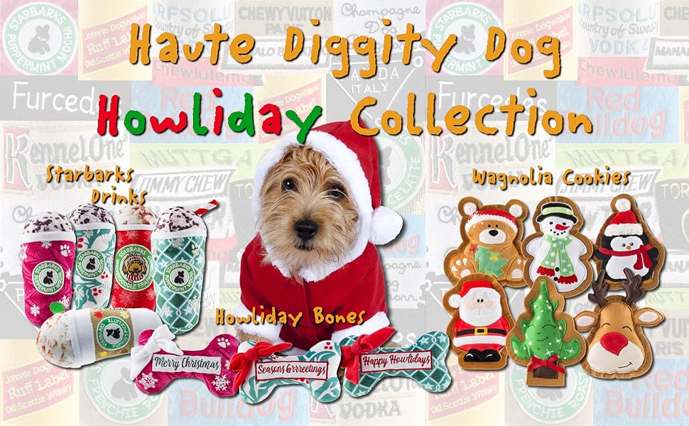 Assortment of plush canine parody toys from Haute Diggity Dog Holiday Collection.