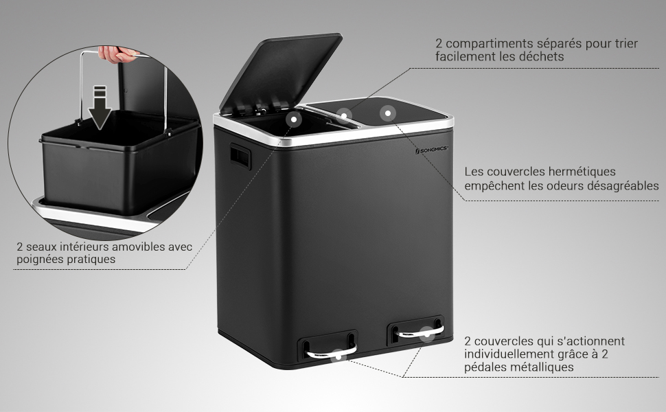 Songmics Poubelle En Métal 30L, Poubelle à Double Compartiment 2 X 15L, Avec Seaux Intérieurs Et Poignées, Fermeture En Douceur, Hermétique, Noir LTB30BK 12 LTB30BK