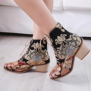 Nuheel® Woman Women's Vintage Ankle Boots Embroidered Low Block Heel 58 pointed toe block heel ankle boots