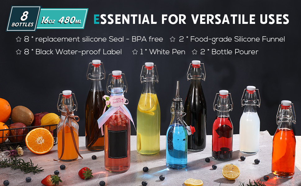 [ 8 Pack ] Swing Top Glass Bottles 16 oz Flip Top Beer