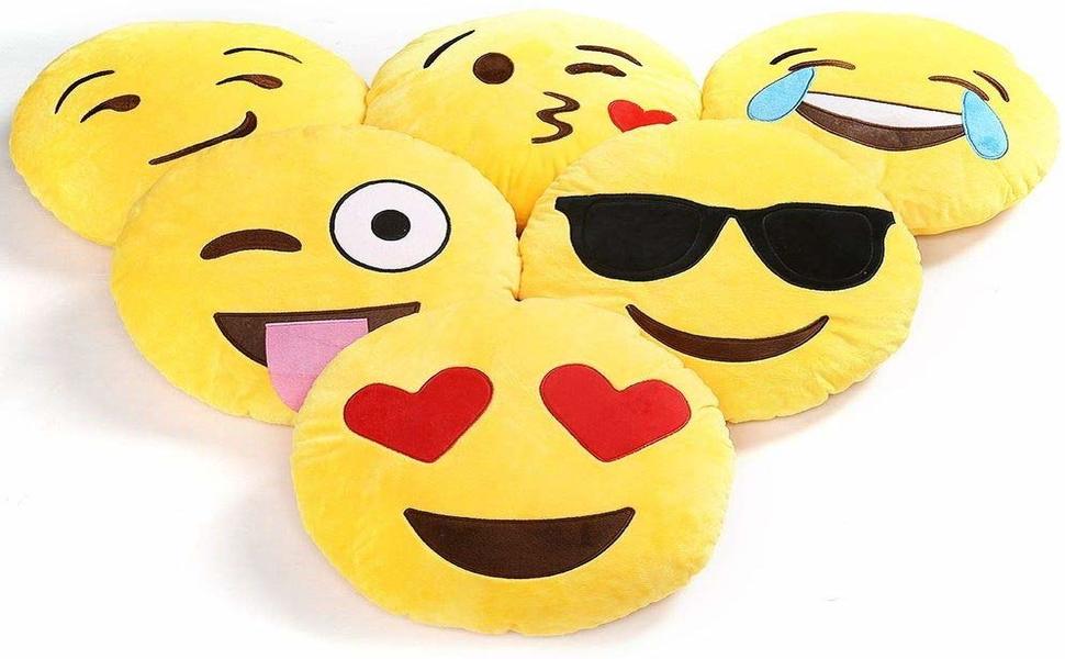 Buy Nitsha Microfibre Emoji Big Smile Pillow (Yellow, 32x32 cms) Online