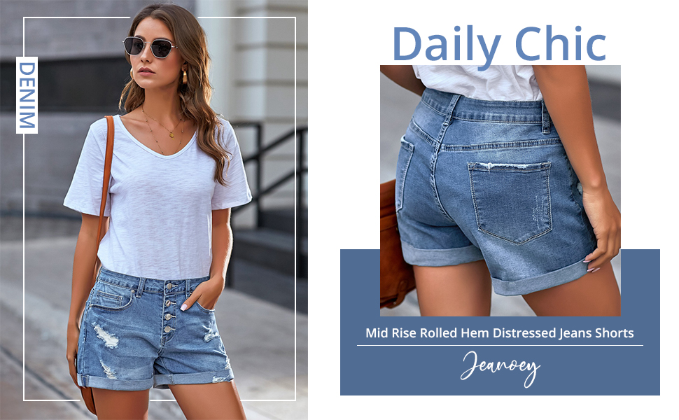 casual button down ripped distressed destroyed denim jean shorts for girls rolled hem