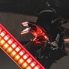 Amber/Red 8" 60-LED Double Row Sequential Motorcycle Light Strip close up with it on street bike.