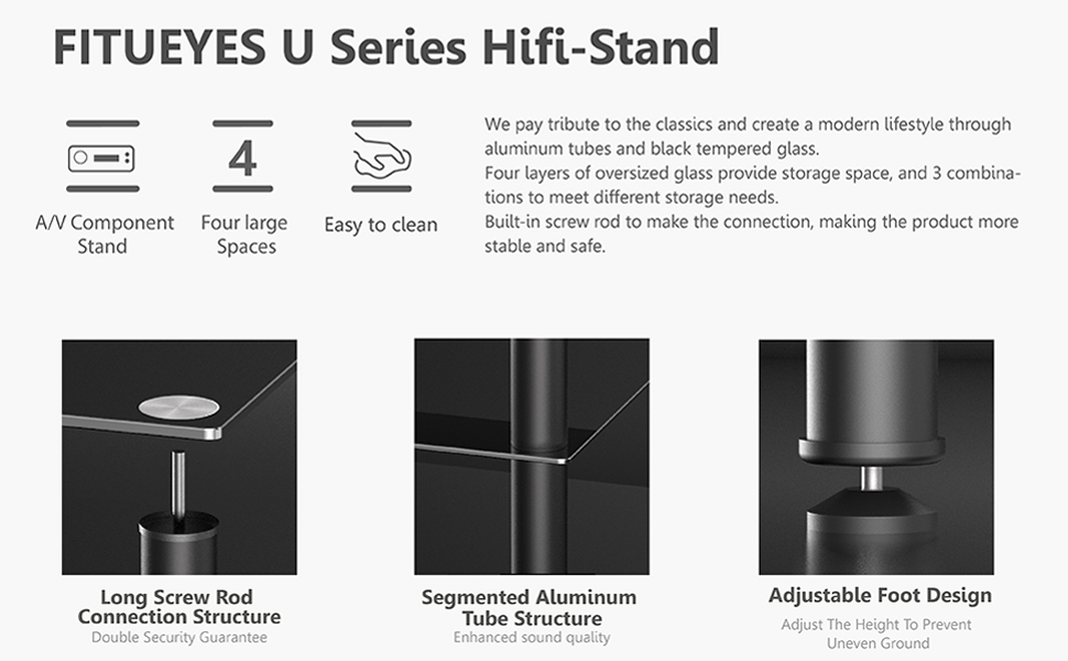 FITUEYES HiFi Rack AV Shelf 4Tiers Glass TV Stand with Tempered Glass Media Storage Shelves