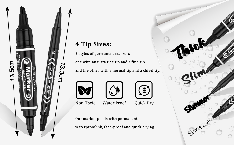 Whaline 12pcs DualTip Permanent Markers 4 Sizes Marker Pen Ultra Fine