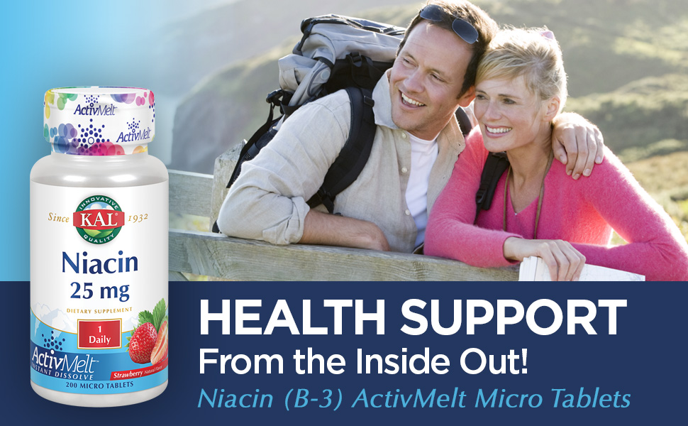 KAL Niacin 25 mg ActivMelt Strawberry One Daily Metabolism, Skin, Nerve Support 200 Micro Tablets