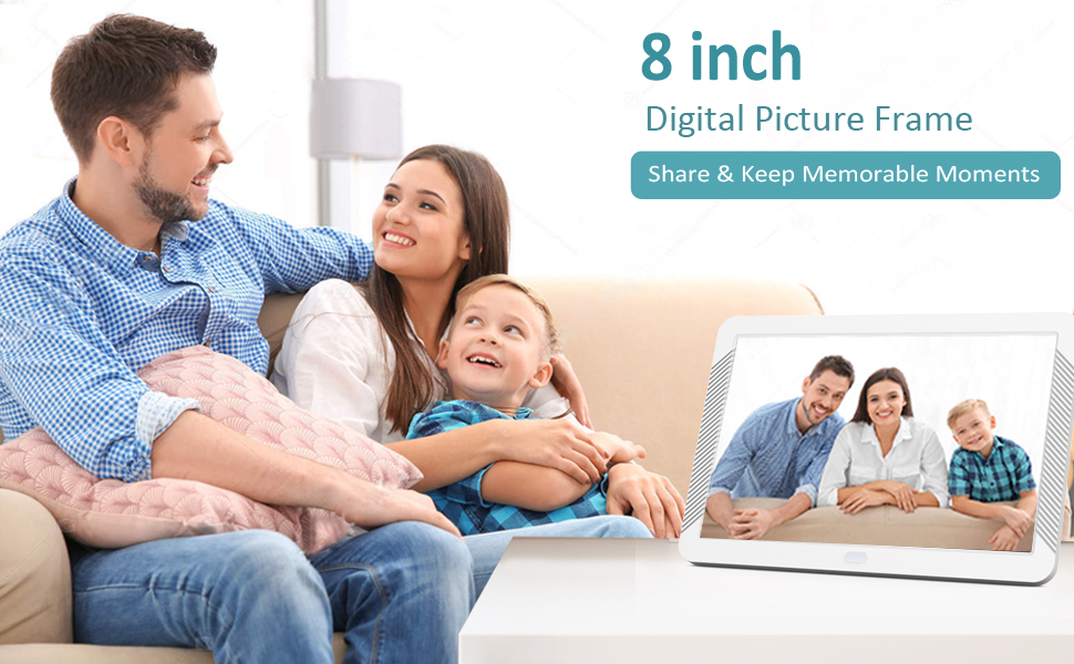 Digital Picture Frame 8 inch, Kenuo Digital Photo Frame White with 1920x1080 IPS Screen Image
