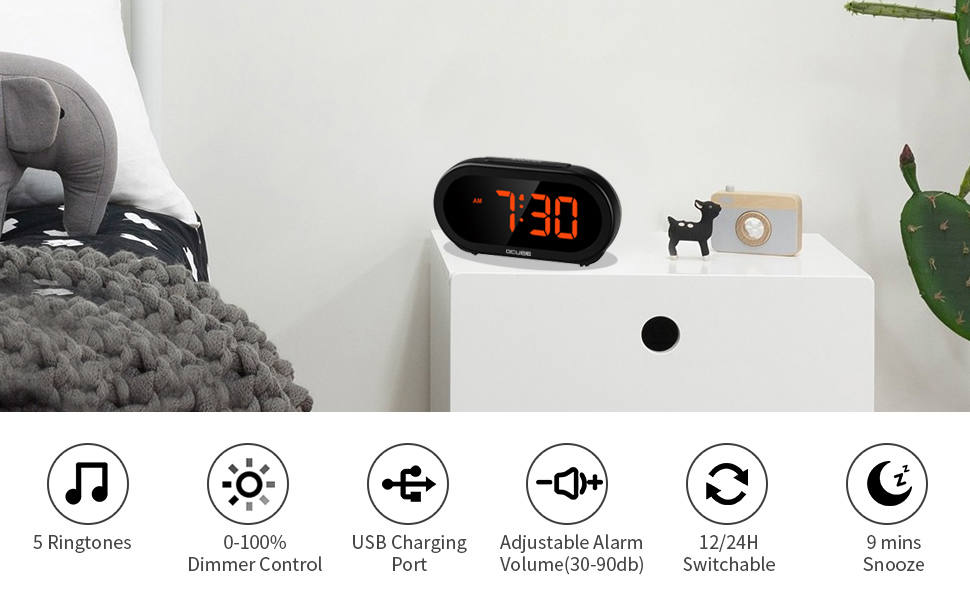OCUBE Digital Alarm Clock, Bedside Clock with 5 Optional Alarm Sounds