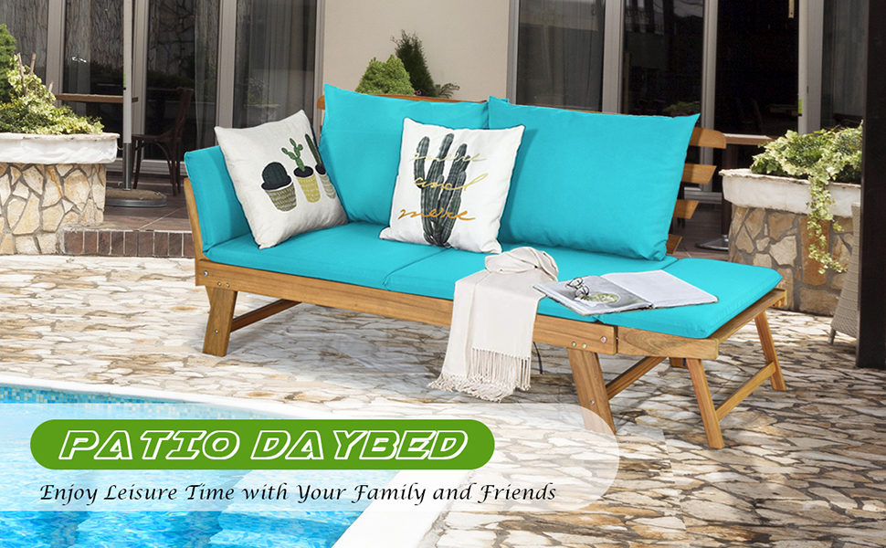 Tangkula Acacia Wood Patio Convertible Couch Sofa Bed with