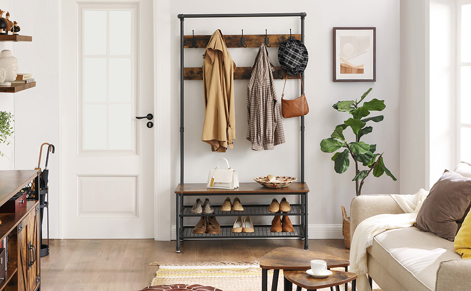 Songmics VASAGLE Garderobenständer Im Industrie-Design, Mit Sitzbank, Großer Kleiderständer Mit Wasserrohr-Elementen, Mit 9 Haken Und Schuhregal, Multifunktionale Flurgarderobe, Robustes Metallgestell Von SONG 12 1