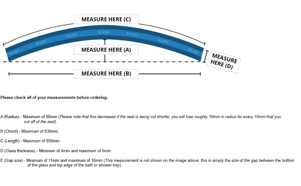 Pre Curved Shower Screen Door Seal Fits 4, 5 or 6mm Glass Seals