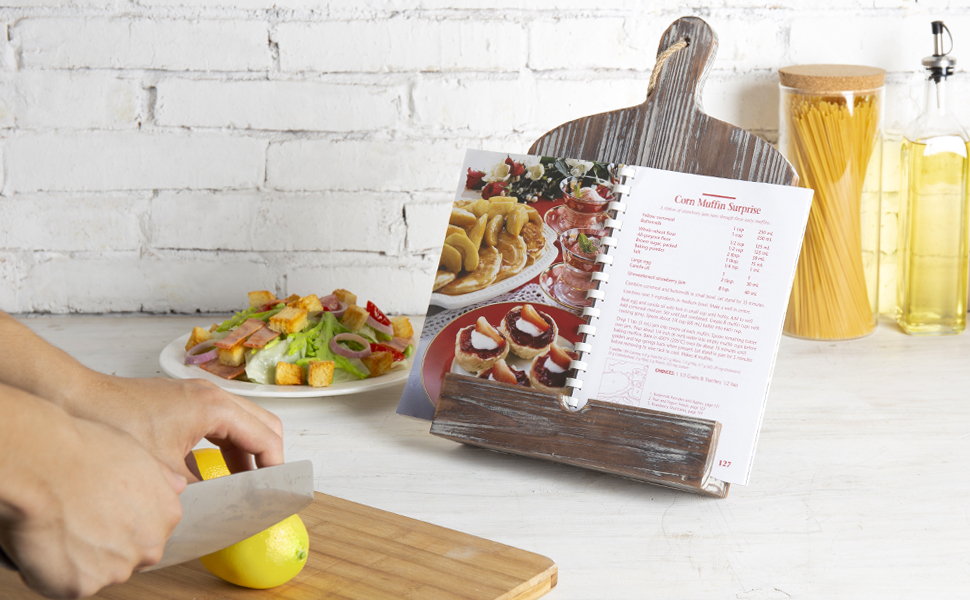 MyGift Farmhouse Torched Wood Cookbook Stand Rustic Wooden iPad Tablet Recipe