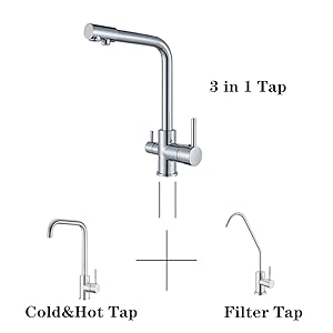 Suguword Kitchen Tap 3 Way With Filter Water System Double Handles Drinking Water And Cold Hot Water 360° Swivel Chrome Tap 15 tap water filter