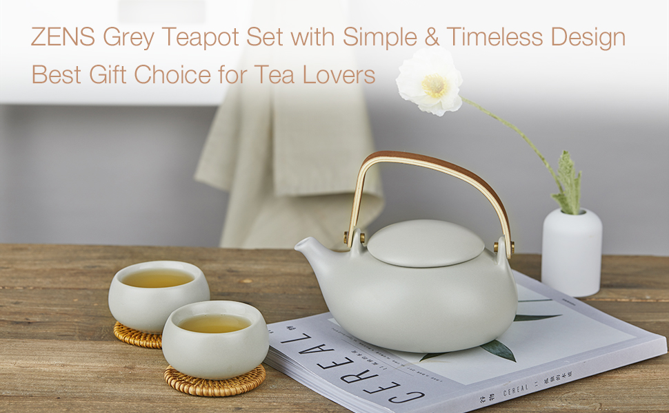 ZENS Tea Pot Ceramic, Matte Grey Japanese Teapot with