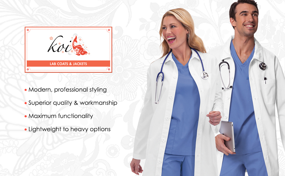 banner image with koi lab coats & jackets logo and 2 models wearing koi lab coats