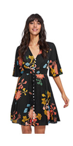 Boho Floral Print Button Up Flared Flowy Dress